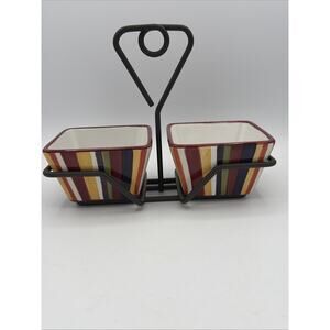 Pampered Chef Simple Additions Striped Square Condiment Bowls & Metal Caddy 1944